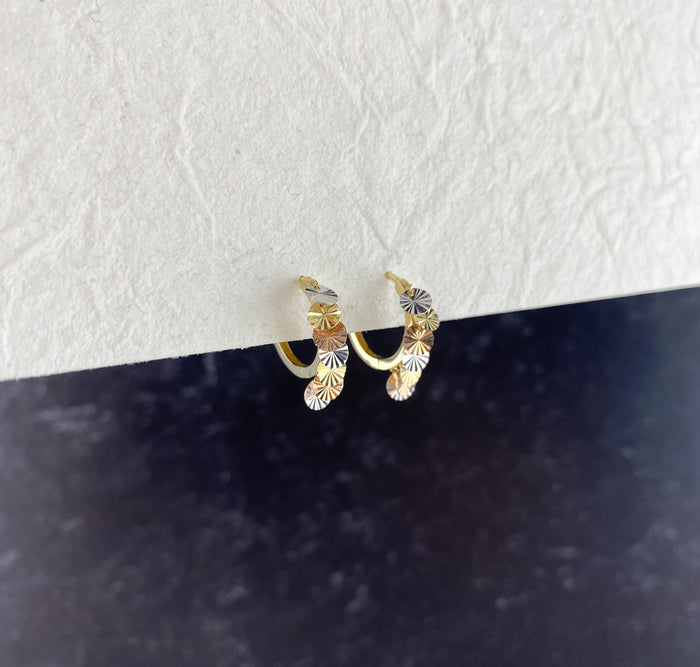 Huggie Earrings with Tricolor Pendants in 10k Gold