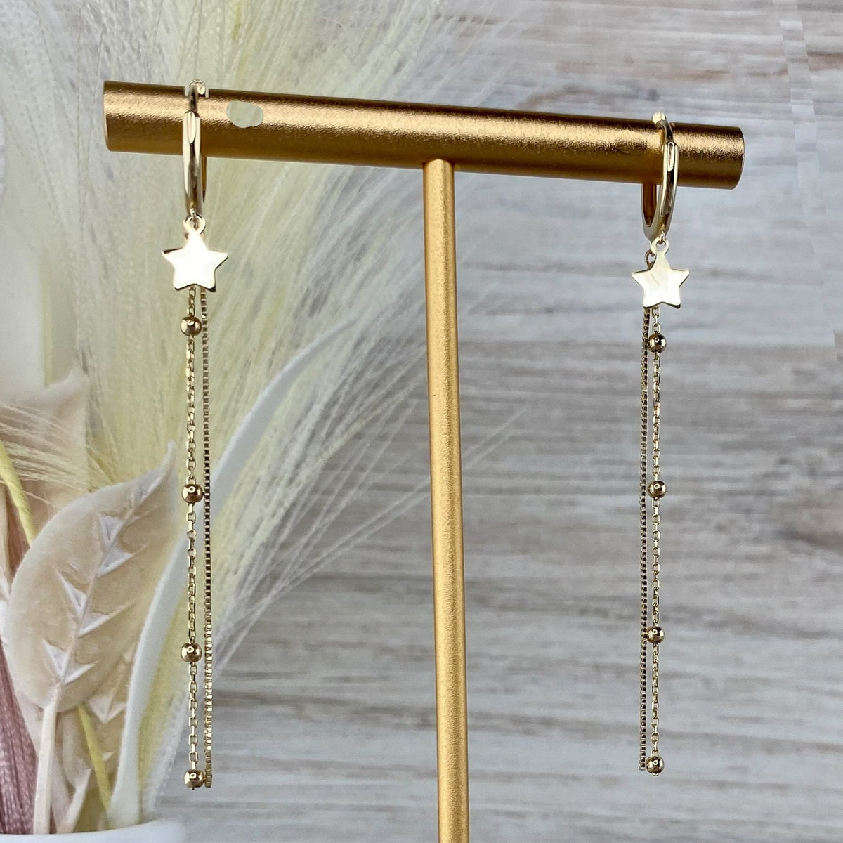 Star Double Chain Dangle Earrings in 10k Gold