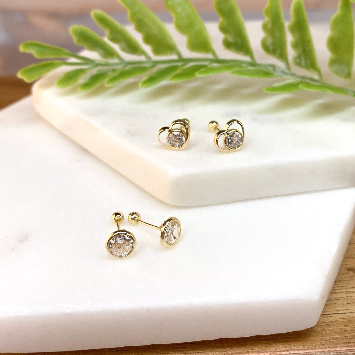 10K Gold Bezel White Zirconia Stud Earrings