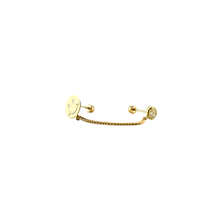 Happy Face Stone Chain Double Stud Earrings in 10K Gold