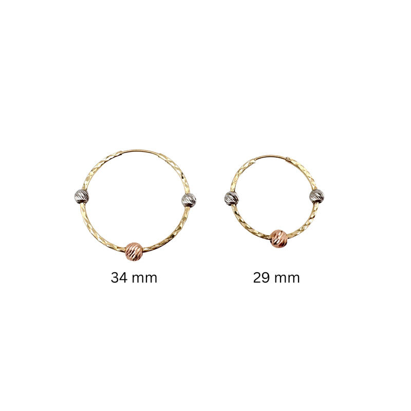 Diamond Cut Spheres Hoops in 10k Tricolor Gold