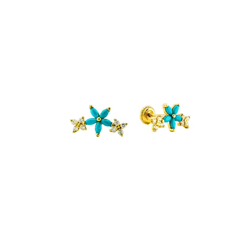 10K Gold Turquoise and White Zirconia Flower Stud Earrings