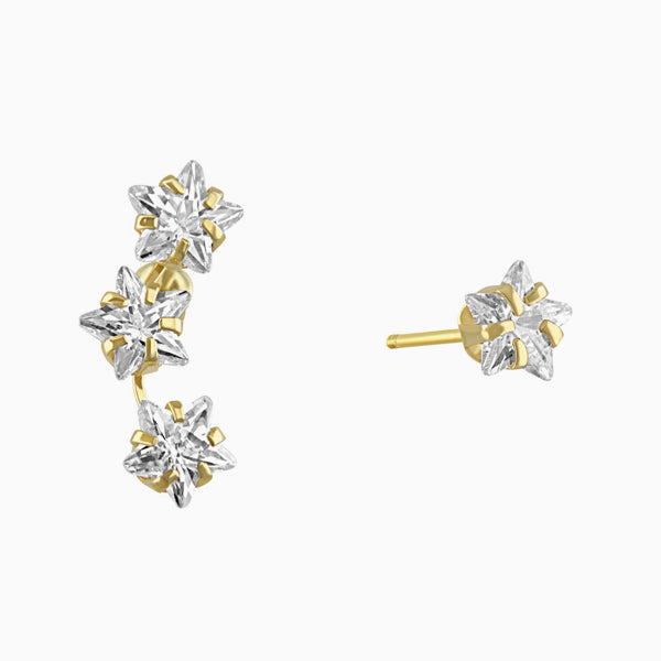 10K Gold White Zirconia Stars Stud Earrings Set